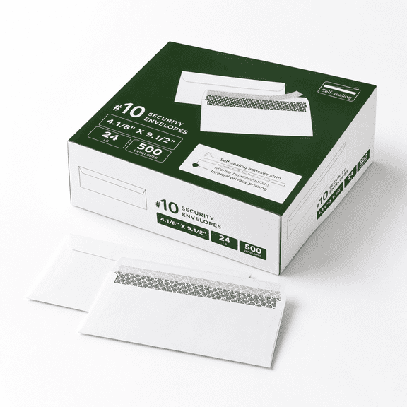 Unbranded No 10 Security Self-Seal Envelopes, 500 Count, White 24lb Paper