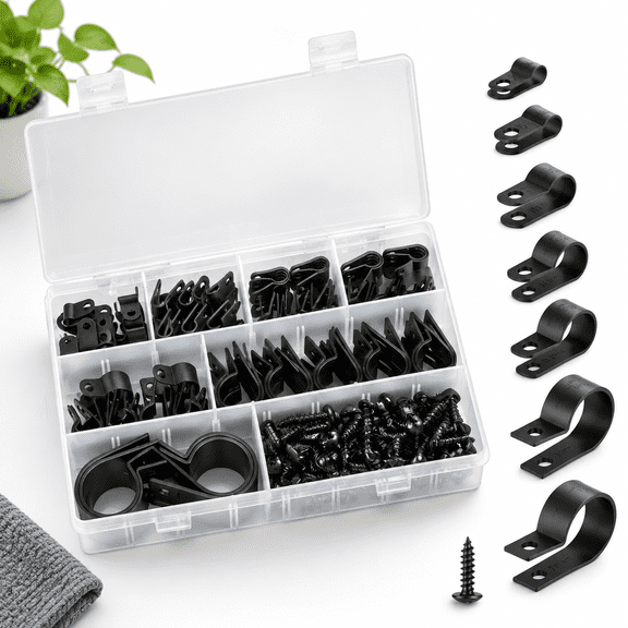 Unbranded Nylon R-Type Cable Clips with M4 Screws, 150 Piece Assortment in 6 Sizes