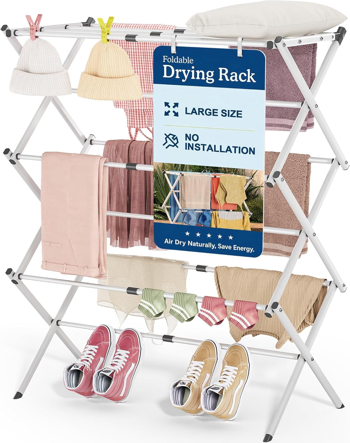 Unbranded Oversize 3-Tier Clothes Drying Rack Foldable Floor Mount ...