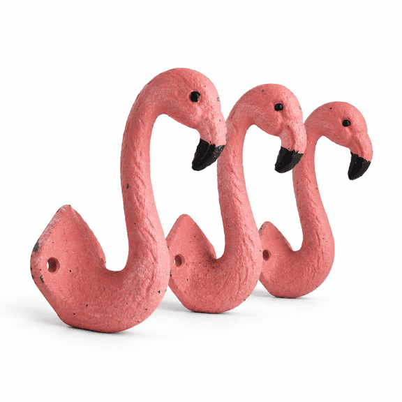 Unbranded Pink Flamingo Cast Iron Wall Hook Set of 3, 4 Inch Height