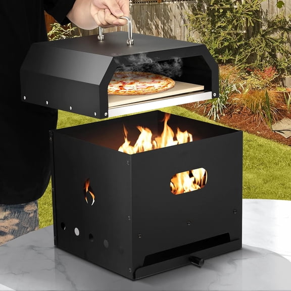 Unbranded Pizza Oven Outdoor, 2-Layer 12" Pizza Stone Patio Pizza Maker with Cover, Pizza Peel, Cooking Grid, 4-in-1 Wood Fire Pizza Oven BBQ Grill Oven Fire Pit for Party Barbecue Camping Picnic