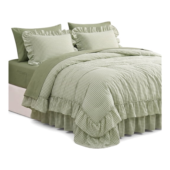 Unbranded Queen Comforter Set Green Gingham Ruffle 7 Pieces Farmhouse Bed in a Bag Shabby Chic Fluffy Bedding Sets with Sheets, Pillowcases & Shams