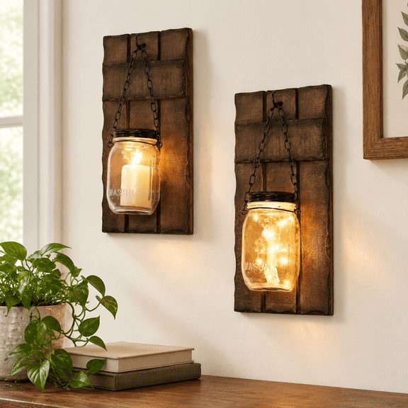 Unbranded Set of 2 Wooden Wall Candle Sconces with Mounting Hardware