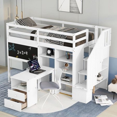 Unbranded Twin Size Loft Bed with Pullable Desk and Storage Shelves,Staircase and Blackboard,White White