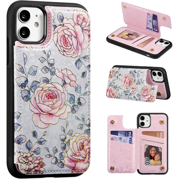 Unbranded Wallet Case for iPhone 11 with Card Holders, PU Leather Cover Kickstand RFID Blocking Double Magnetic Clasp Rilievo Flower Shockproof Flip Case for Women Girls - Purple Rose