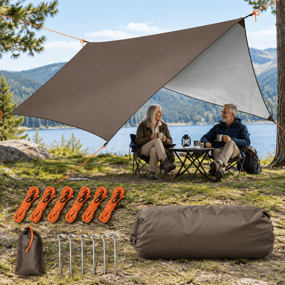Unbranded Waterproof Camping Hammock Rain Fly Tarp, 15 x 14 ft, Brown