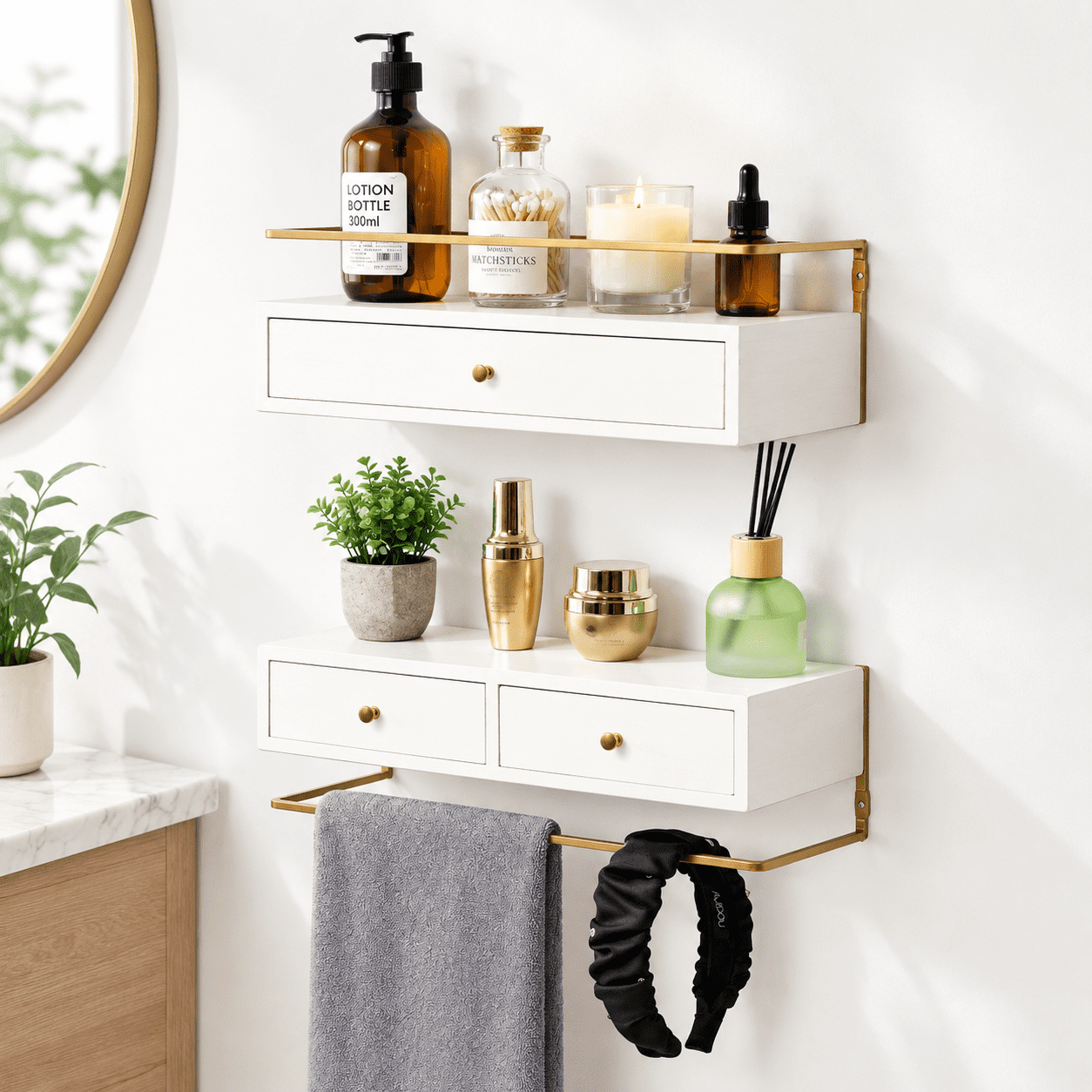Unbranded White 13.8 Inch Long Floating Shelves With Drawers Set Of 2