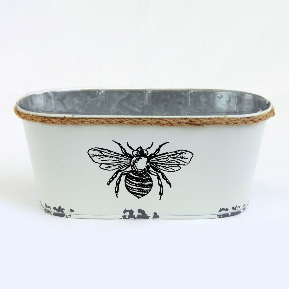 White Metal Bee Design Planter with Rope Accent