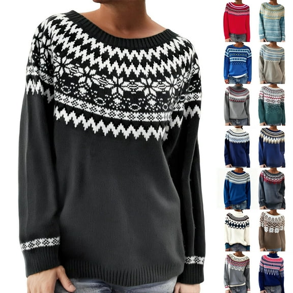 Unbranded Women's Fair Isle Knitted Sweater Retro Long Sleeve Crew Neck Pullover Top Casual Lightweight Knitted Sweater Loose Colorful Stripes Tops 2025 Fall Winter Clothes Black L