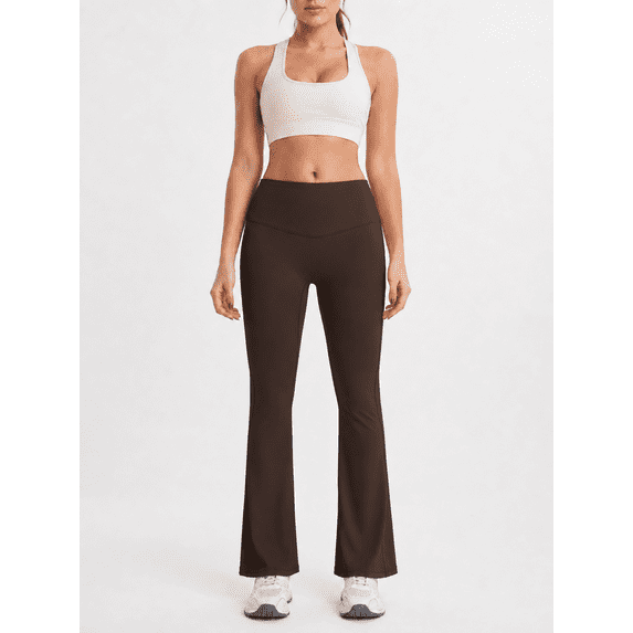 Women's High-Waisted Flare Pants with Side Pockets, Coffee Brown, M
