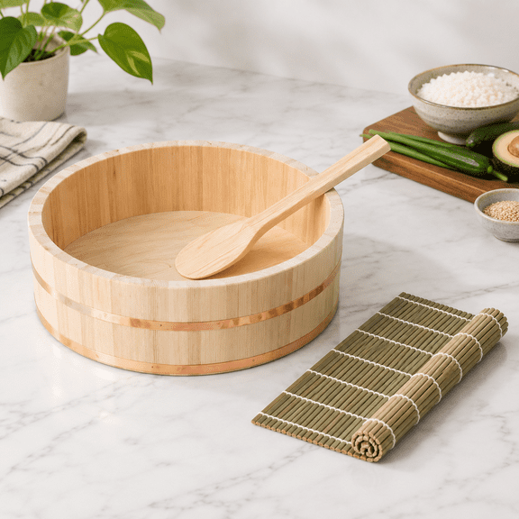 Unbranded Wooden Sushi Rice Mixing Tub and Makisu Kit, 11.8 Inch