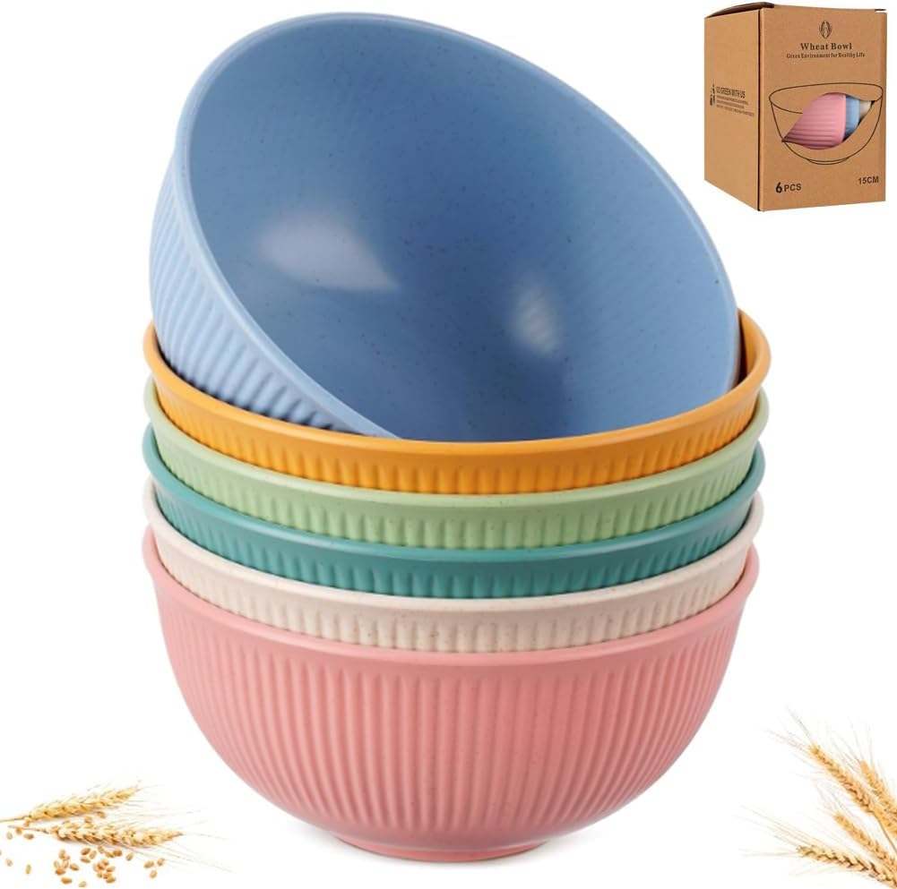 Unbreakable Cereal Bowls 24 OZ, Dinnerware (Set of 6), Wheat Straw