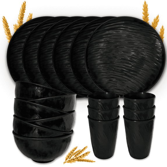 Unbreakable Dinnerware Sets, Rock Texture Bowls Sets for 18PCS, Microwave & Dishwasher Safe, Eco-Friendly, Perfect for Dinners, Buffets, and Events- Black