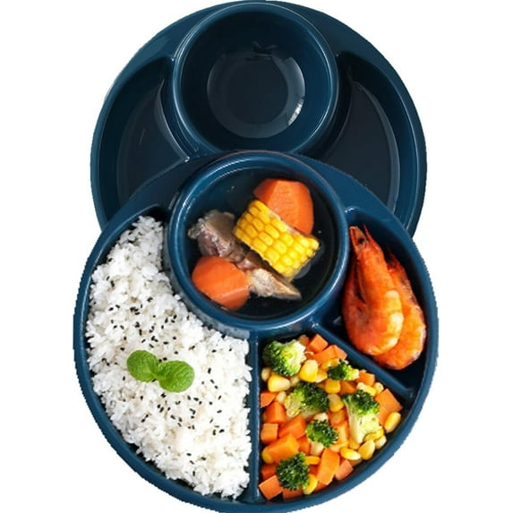 Unbreakable Divided Plates for Adults Portion Control Plates Set of 2 Dark Blue Round Plastic Dinner Plate 9 Inch for Camping Outdoor or Every Day Use