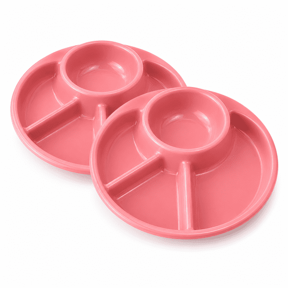 ABCISI Portion Control Plates , 4 Section Divided Plates for Adults, Reusable Plastic Dinner Trays, Meal Prep Plates for Camping, Picnic, School, Outdoor Use, 9 Inch, Pink Round, 2Pcs