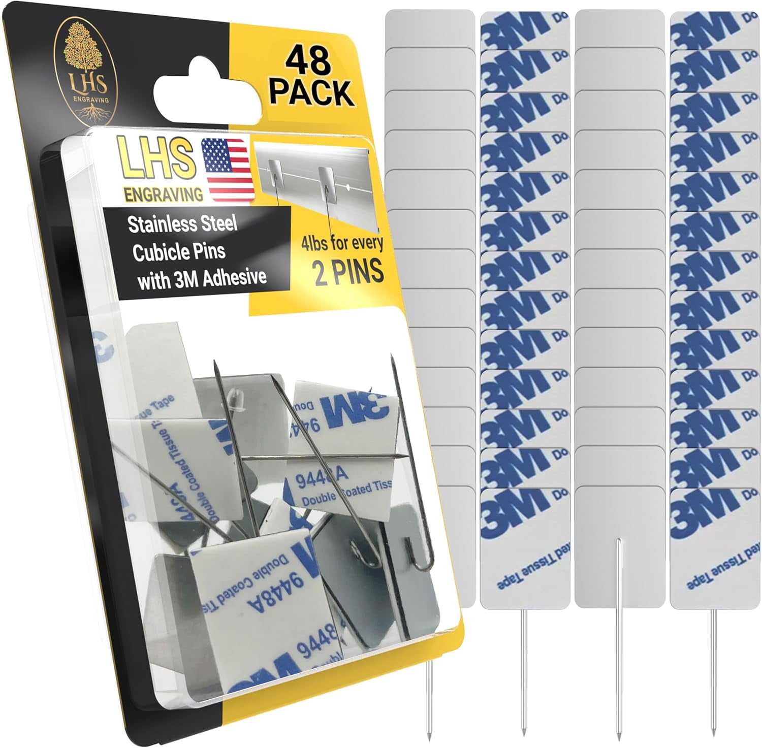 Unbreakable Office Cubicle Pins for Fabric Walls, Heavy Duty Stainless Steel Hanging Pins for Name Plates, Cork Boards, Picture Frames, 3M Adhesive, Pack of 6 12 24 48, Silver