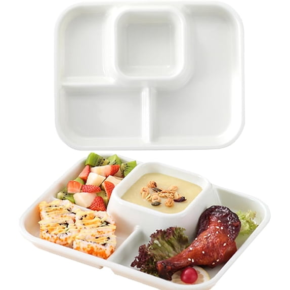 Unbreakable Rectangular Divided Plates for Adults 4 Sections Portion Control Plates Set of 2 White Plastic Dinner Plate for Camping Outdoor or Every Day Use