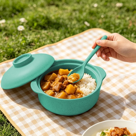 Unbreakable Soup Bowl Set with Lid & Spoon, Microwave Safe Cool Touch Double Handle Noodle Rice Bowl, Stackable Lightweight Tableware for Family, Camping, Non-Slip, Eco Wheat Straw Soup Bowls