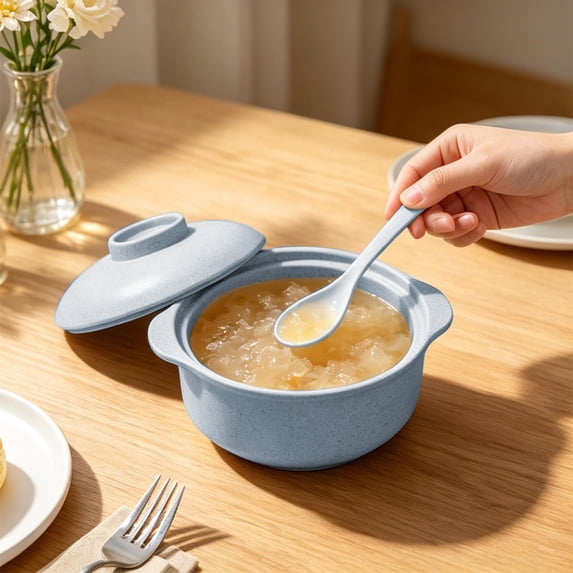 Unbreakable Soup Bowl Set with Lid & Spoon, Microwave Safe Cool Touch Double Handle Noodle Rice Bowl, Stackable Lightweight Tableware for Family, Camping, Non-Slip, Eco Wheat Straw Soup Bowls