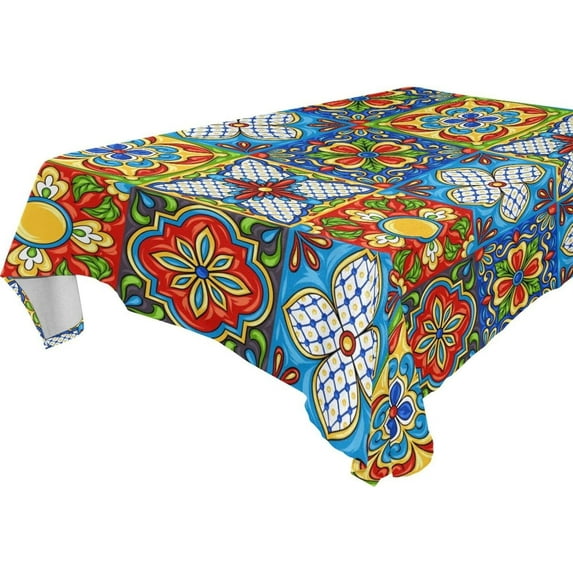 Unbreakable Square Tablecloths with Dust and Wrinkle Resistance-60x120In, Mexican Talavera Wedding Kitchen Picnic Buffet Holiday Party House Decor