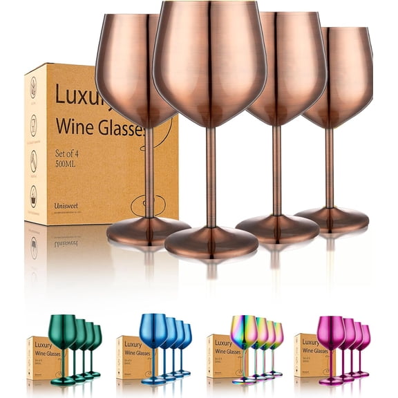Unbreakable Stainless Steel Wine Glasses Set of 4, 18 oz Red Copper Metal Goblets for Outdoor, Travel, Camping, Pool