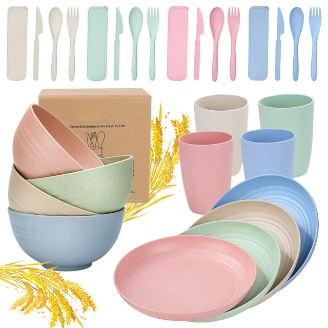 BUSATIA 28 PCS Wheat Straw Dinnerware Sets, Microwave Safe, Reusable