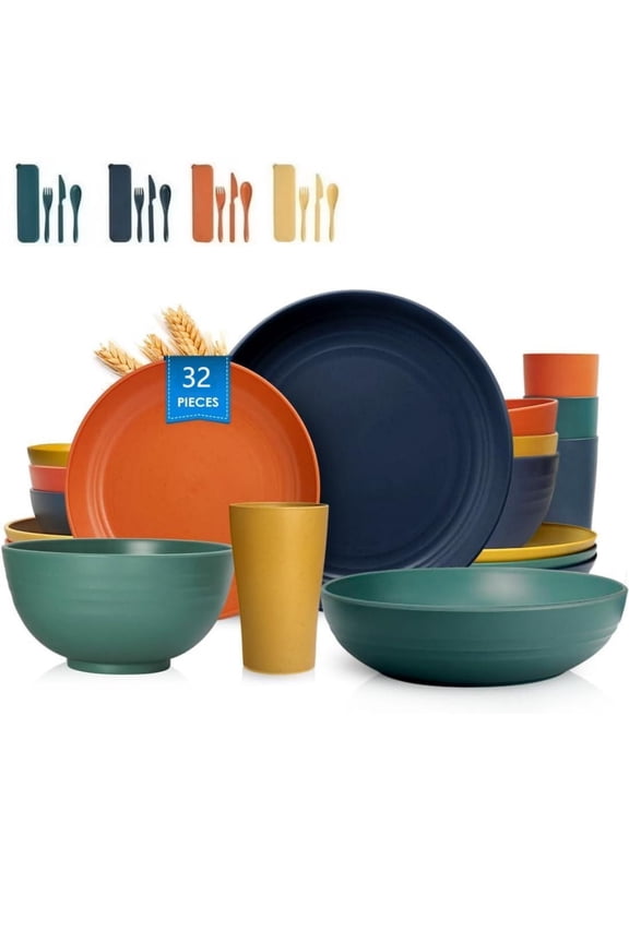 Unbreakable Wheat Straw Set - Microwave and Dishwasher Safe Soup and Salad Bowls, 32-Piece Set, BPA Free, Multicolor