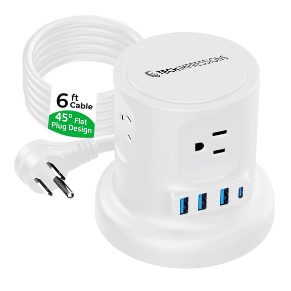 Retractable Power Strip Tower, 8-in-1 Surge Protector with 4 AC Outlets, 2 USB-C, 2 USB-A, 6ft Auto-Retracting Cord, Fast Charging Charging Station, White
