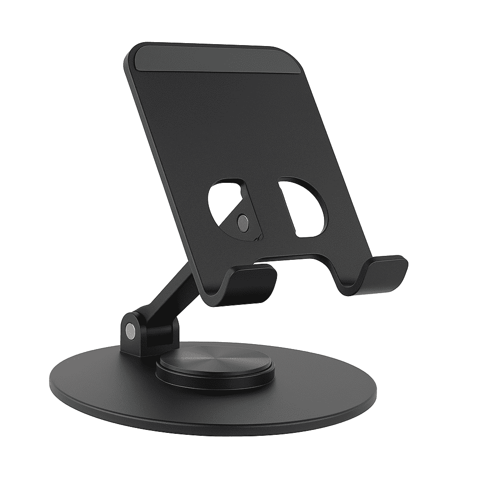Uncaged Ergonomics 360° Swivel Phone Stand for Desk, All-Metal Height Adjustable, 180° Tilt Foldable Holder for Phones and Small Tablets, Black