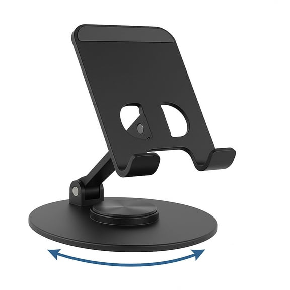 360° Swivel Phone Stand for Desk – Adjustable, Foldable Metal Cell Phone Holder with Rotating Base, Portrait/Landscape Viewing, Compact Desktop Stand (Black)