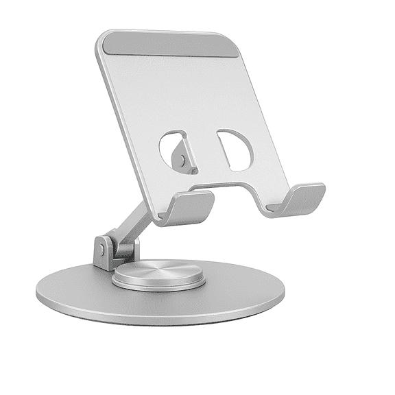 Uncaged Ergonomics 360° Swivel Phone Stand for Desk, All-Metal Height Adjustable, 180° Tilt Foldable Holder for Phones and Small Tablets, Silver