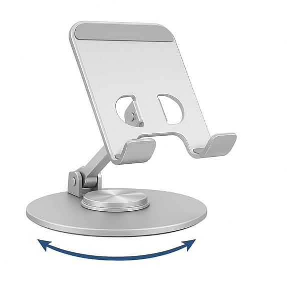 360° Swivel Phone Stand for Desk – Adjustable, Foldable Metal Cell Phone Holder with Rotating Base, Portrait/Landscape Viewing, Compact Desktop Stand (Silver)