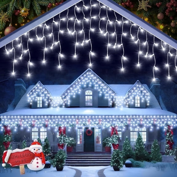 Uncahome 99ft Christmas Icicle Lights, Curtain Fairy Icicle String Lights with 228 Drops, Christmas Twinkle Lights for Holiday, Party, Christmas Decorations, White