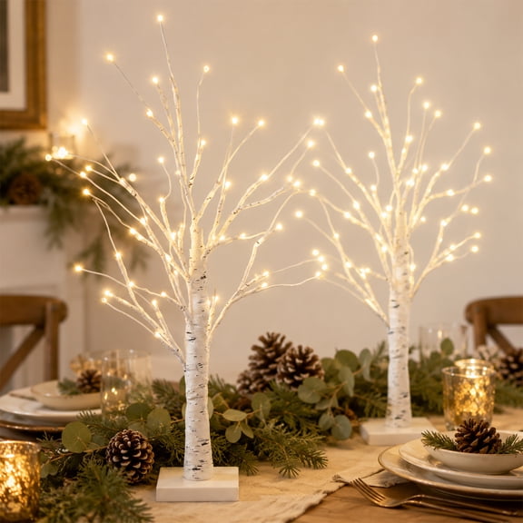 White Birch Tree with Lights, 2 packs 2FT Christmas Tree with 24 LED Indoor, Table Top Decor for Home Halloween Valentines Holiday Party