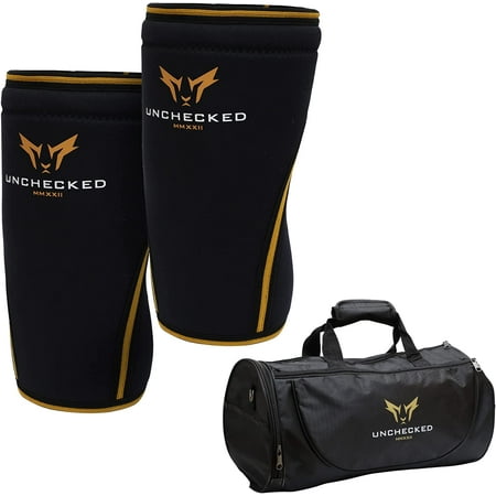 Unchecked Powerlifting & Weightlifting Knee Sleeves Set with Bag - 7mm Compression Knee Pain for Men & Women - Barbell Clips Knee Support for Running, Basketball, Gym, Workout, Sports (Medium, Black)