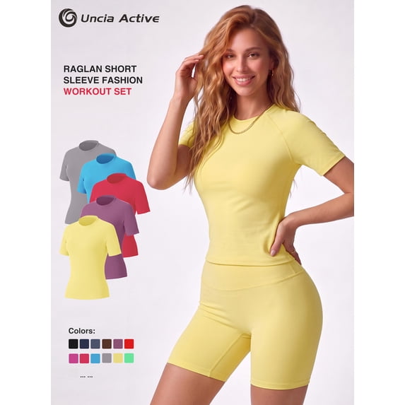 Uncia Active Women's 2-Piece Tracksuit Set - Seamless-Free Shorts, Raglan Sleeves Tee with Flat Tummy & Glute-Lifting Fit, Workout Gym Matching Sets for Outdoor Yoga