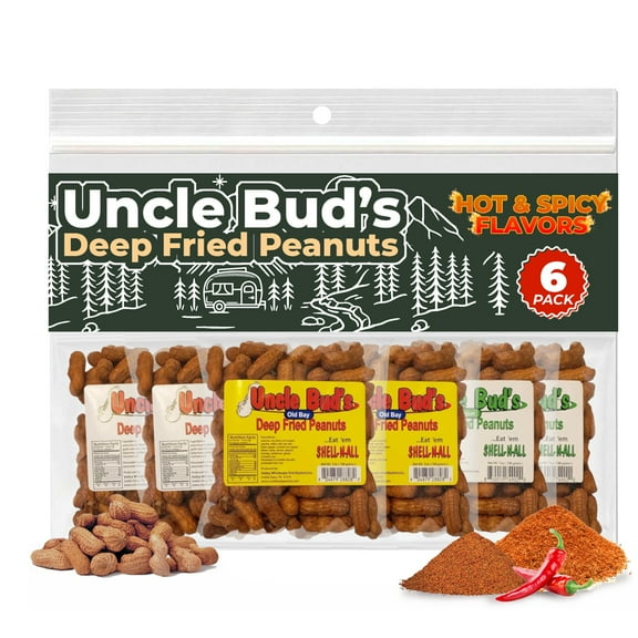 Uncle Bud's Deep Fried Peanuts In Shell (6 Pack) | Spicy Peanuts Individual Packs | Includes Hot, Cajun, Old Bay Nuts | Crunchy Nuts Variety Pack | Ideal for Parties, Gourmet Treats, Peanut Lovers