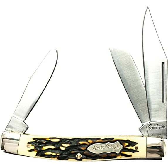 Uncle Henry 885UH Senior Rancher 6.9in Folding Pocket Knife with Stainless Steel Clip-Point Blade, Sheepsfoot Blade, Spey Point Blade, and Staglon Handle for Hunting, Camping, EDC