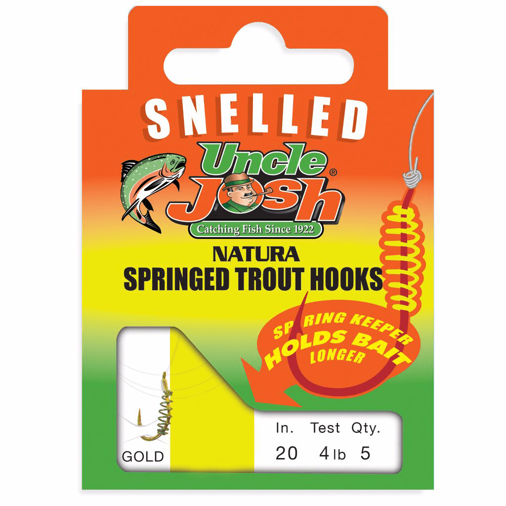 Uncle Josh Bait Company Snelled Spring Trout Steel Gold Hook, Size 8,  12 in. Clear Leader Line.