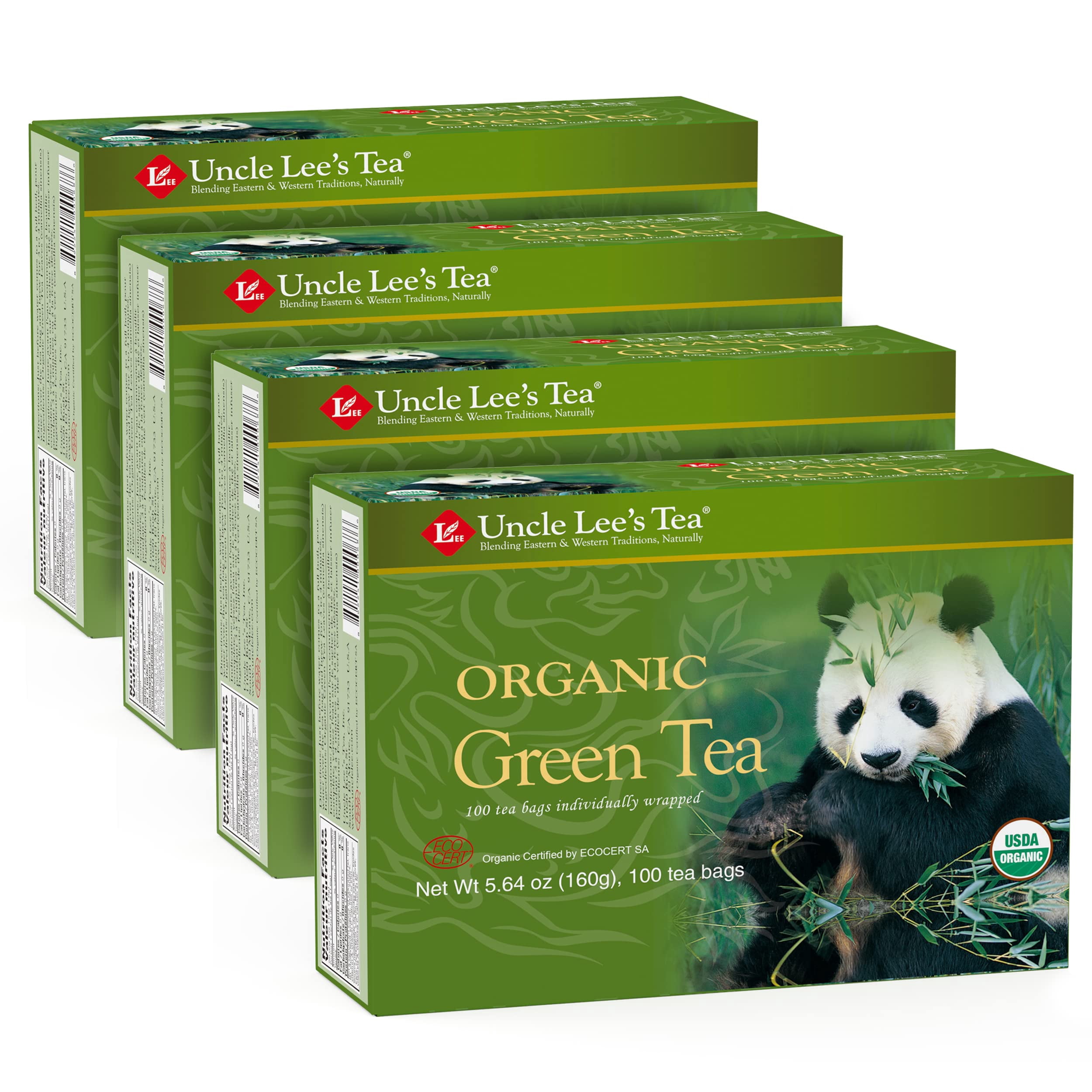 Uncle Lee's Organic Green Tea Bags 4-Pack, 106-Count Super Packs – Bright & Refreshing, Lightly Caffeinated Bulk Tea for Home, Office, Camping