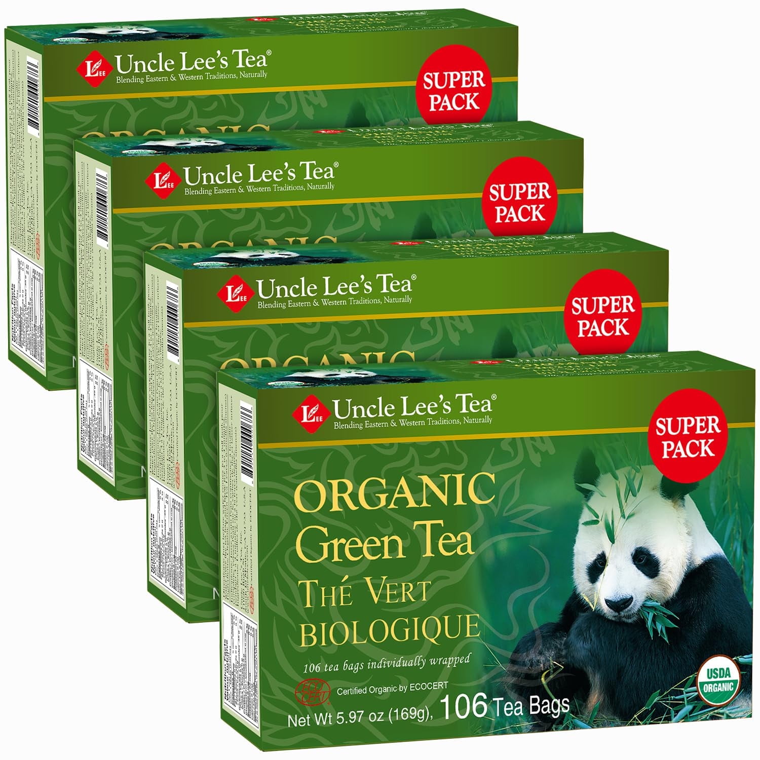 Uncle Lee's Organic Green Tea Bags 4-Pack, 106-Count Super Packs – Bright & Refreshing, Lightly Caffeinated Bulk Tea for Home, Office, Camping