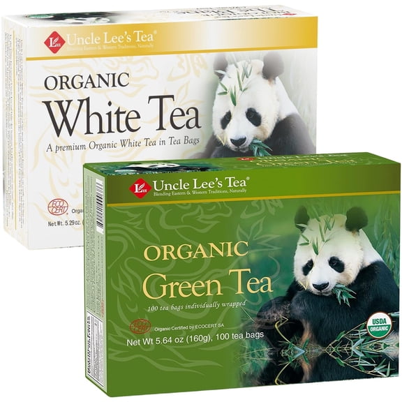 Uncle Lee's Organic White & Green Tea Variety 2-Pack (200 Individually Wrapped Bags)  Lightly Caffeinated Bulk Teas for Home, Office, Camping