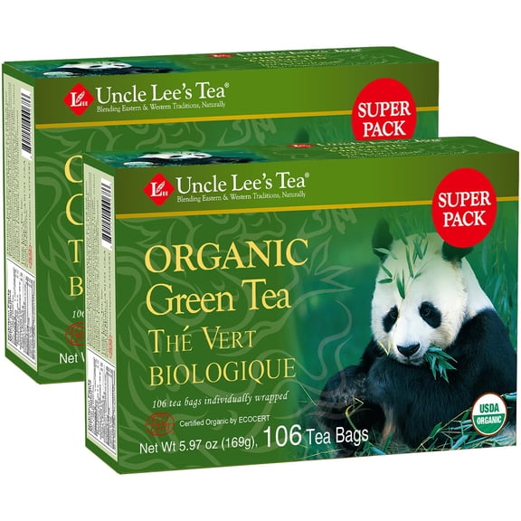 Uncle Lee's Organic Green Tea Bags 2-Pack, 106-Count Super Packs Bright & Refreshing, Lightly Caffeinated Bulk Tea for Home, Office, Camping