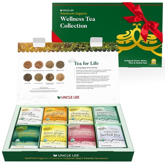 Uncle Lees Organic Tea Variety Gift Set Wellness Collection with 8 Teas (6 Bags Each) in a Premium Gift Box, 3.3 Oz (48 Tea Bags)