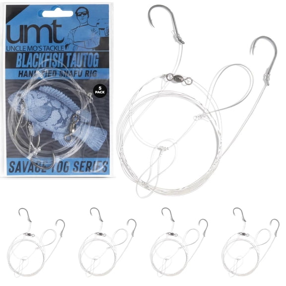 Blackfish Tautog Snafu Rig for Saltwater - 5 Pack Option -Size 3/0 BKK Bait Hook - 60lb Heavy Duty Mono, Dropper Loop - Hand Tied