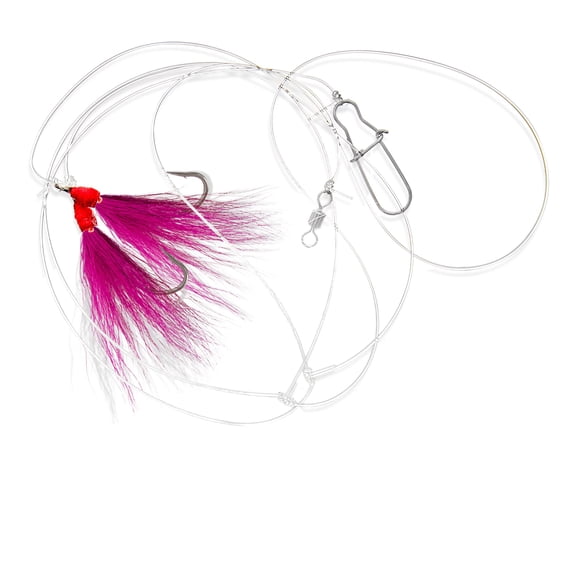Uncle Mo’s Tackle - Fluke Flounder Ocean Hi/Lo Fishing Rigs – BUCKTAIL Teaser Hook for Saltwater – Size 5/0 Hook - 40lb Heavy Duty Mono 3ft Long - Black Duo-Lock Snaps - Hand Tied