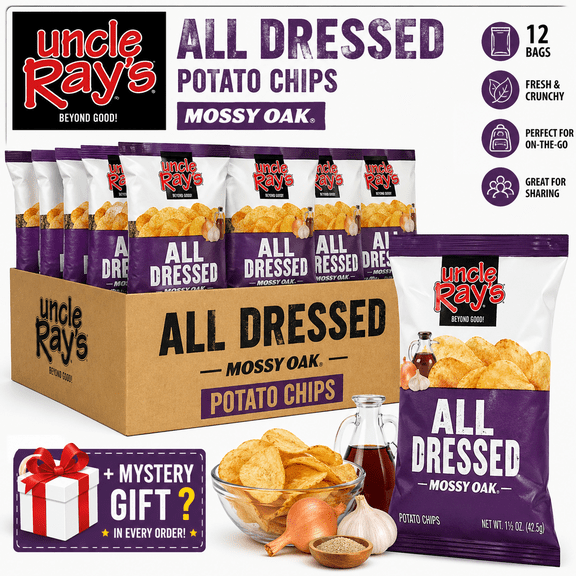 Uncle Rays All Dressed Mossy Oak Potato Chips, 1.5 oz Bags (Pack of 12) | Individual Snack Size Crispy Chips | Bold Savory Flavor | Fresh | Bundled by SUPERDEALS with Mystery Gif