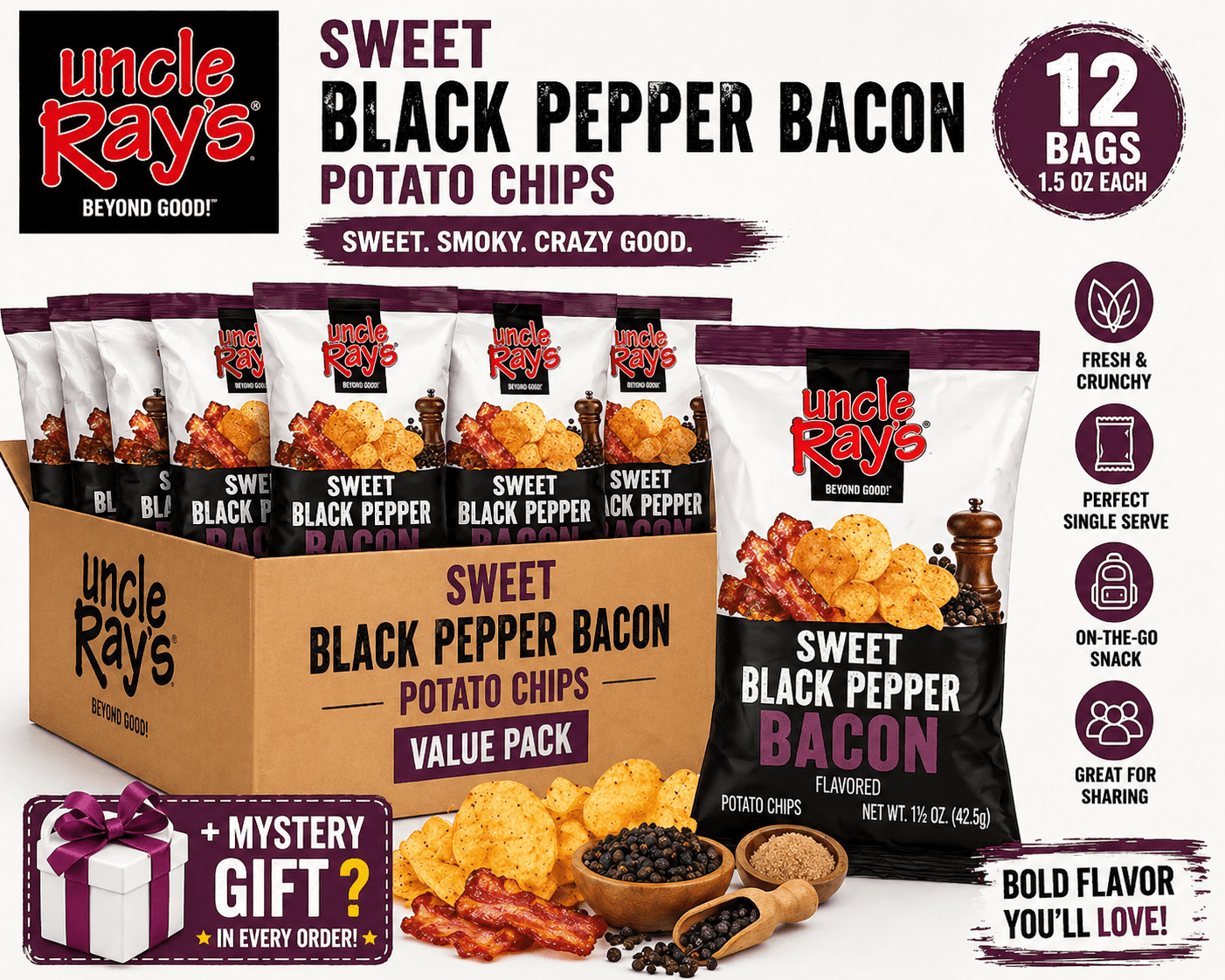 Uncle Ray’s Sweet Black Pepper Bacon Potato Chips, 1.5 oz Bags (Pack of 12) | Individual Snack Size Crispy Chips | Sweet & Smoky Bold Flavor |  Bundled by SUPERDEALS with Mystery Gift
