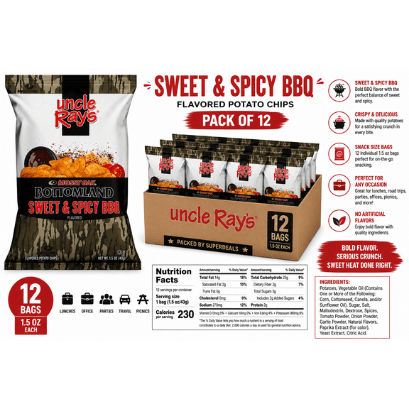 Uncle Rays Sweet & Spicy BBQ Potato Chips, 1.5 Oz Individual Bags, Pack of 12, Bold Barbecue Flavor Snack Chips, Packed by SUPERDEALS