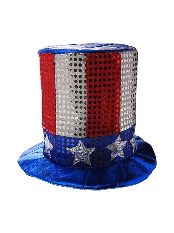 Uncle Sam Hat with Sequins - 4th of July Party Hat, 9.84" x 7.87" Patriotic American Flag Top Hat for Independence Day Carnival, Festive Costume Accessory